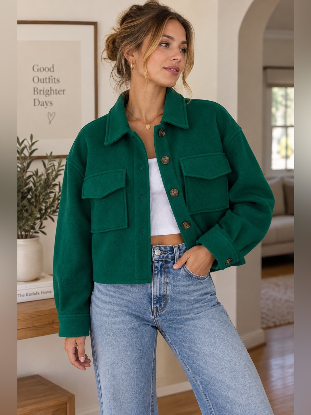 Love Tree Green Shacket Jacket Women’s Medium Oversized Cropped Utility Coat